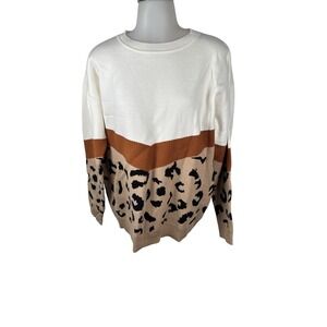 Women's Color Block Leopard Print Sweater Crew Neck Pullover Top Size Medium